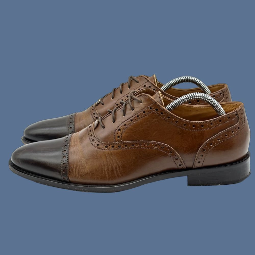 Vintage Paul Fredrick Cap Toe Oxford Mens 8.5 Brown Leather Brogue Made in Italy Dress Oxford Shoes Mens Brown Leather Cap Toe Oxford City Going Out 8.5 Mens Size ONE SIZE - 1 Thumbnail