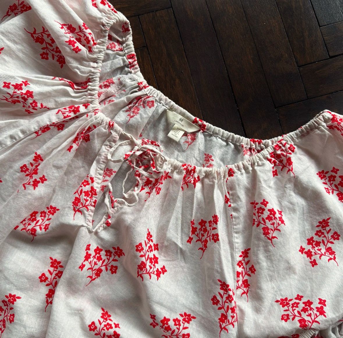 H&M H&M Womens White Floral Linen Blend Peasant Crop Top Blouse Size S / US 4 / IT 40 - 5 Thumbnail