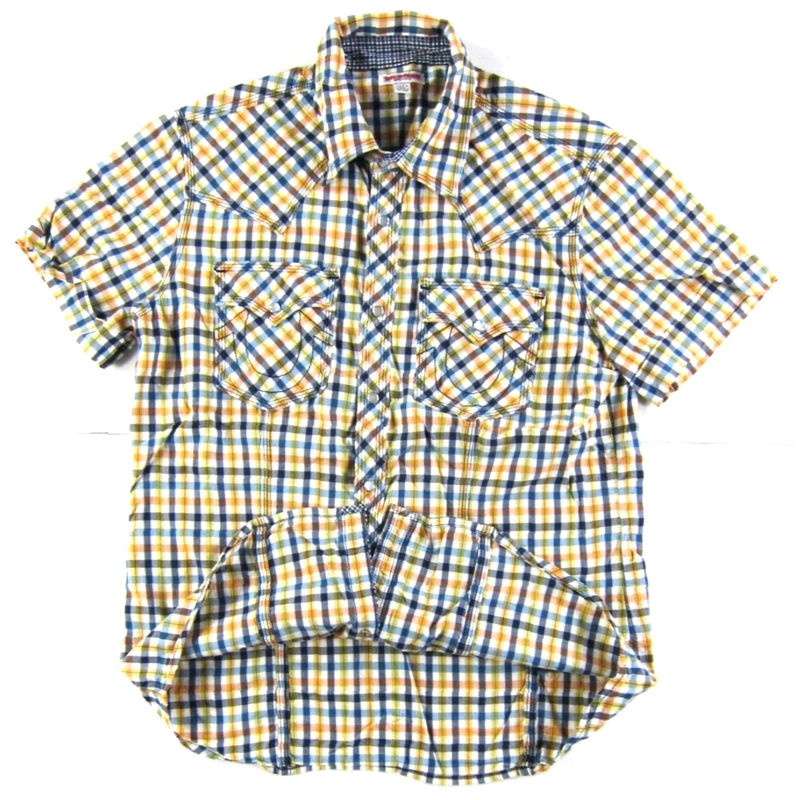 True Religion TRUE RELIGION Shirt Plaid Button-Up Short Sleeve Cotton Men L Blue Yellow Pink" Size US L / EU 52-54 / 3 - 5 Thumbnail
