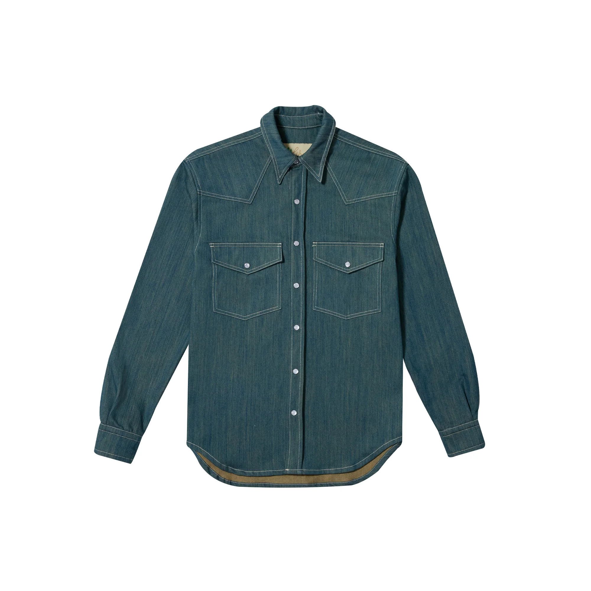 💚 Libero Spaghetti Western Button Up Shirt Green Denim NEW