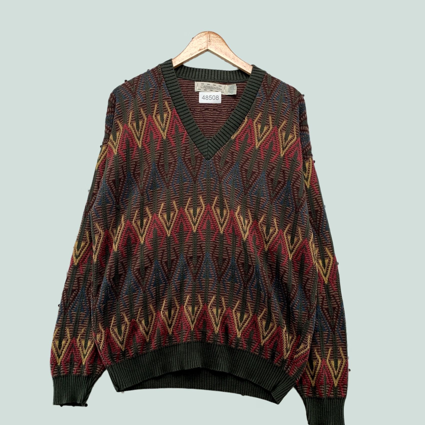 Vintage VINTAGE Crossings Sweater Mens L Brown 90s Geometric Diamond V Neck Cotton Size US L / EU 52-54 / 3 - 1 Thumbnail