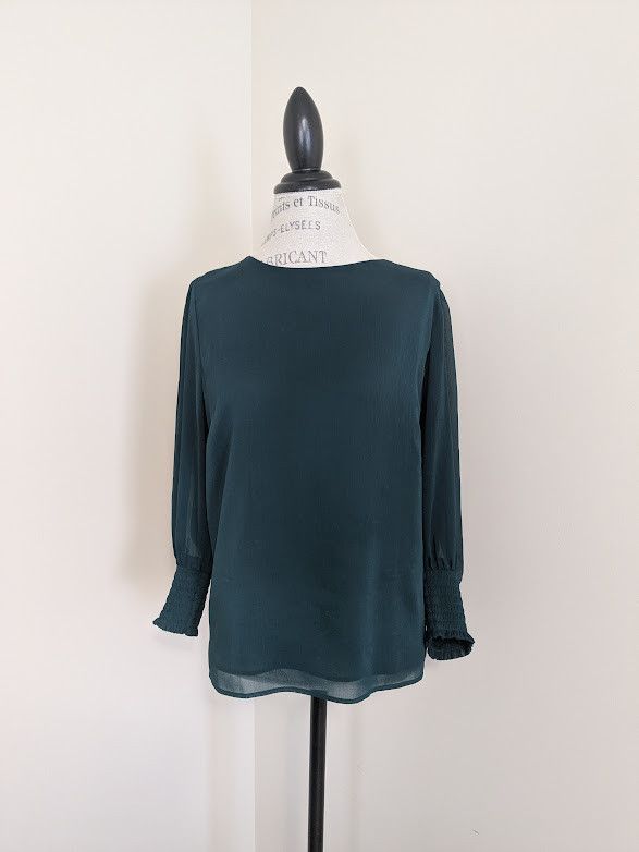 Ann Taylor Dark Green smocked cuff chiffon blouse Size L / US 10 / IT 46 - 1 Thumbnail