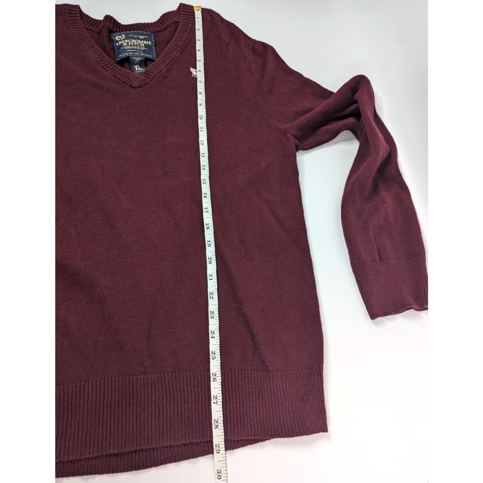 Abercrombie & Fitch Abercrombie & Fitch Sweater Pullover V-Neck Long Sleeve Men's XL 100% Cotton Burgundy Red Knit Classic All Seasons Size US XL / EU 56 / 4 - 5 Thumbnail