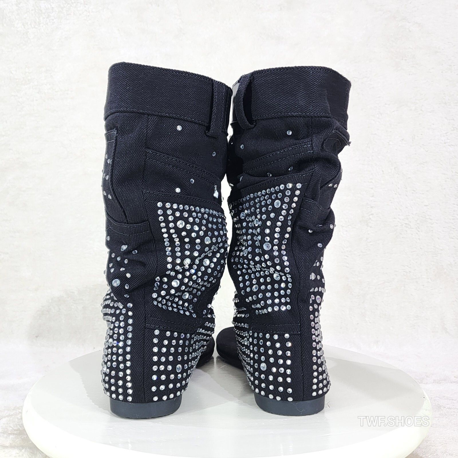 Other Perplex Black Denim & Rhinestones Sandal Slouch Boots Shooti Size US 6 / IT 36 - 3 Thumbnail
