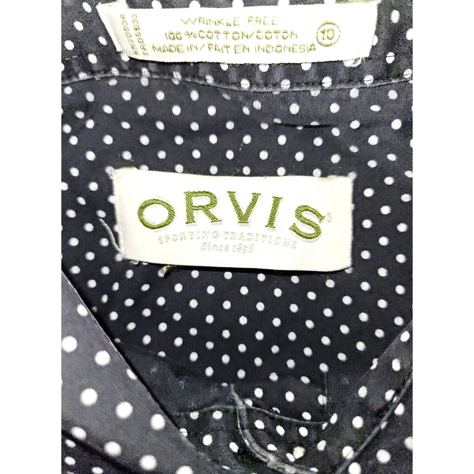 Orvis Orvis Button-Up Shirt Women's 10 Navy Blue Polka Dot Long Sleeve Wrinkle Free Size L / US 10 / IT 46 - 2 Thumbnail