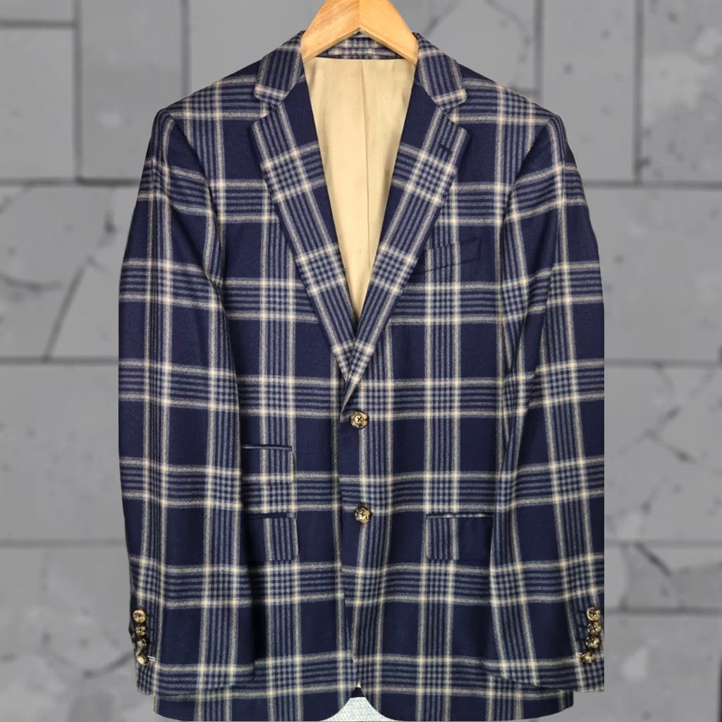 Vintage Custom Bespoke Mens Size 38 Blue Windowpane Plaid Soft Wool Jacket Blazer - 100% 4 Button Front, Double Vented, Notch Lapel Size 38R - 1 Thumbnail