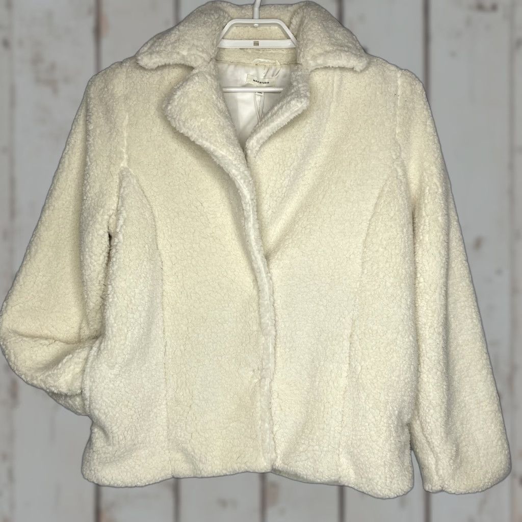 Vintage Max Studio Womens Teddy Coat Jacket Size Large Ivory Hidden Snaps Pockets NWT Size L / US 10 / IT 46 - 1 Thumbnail