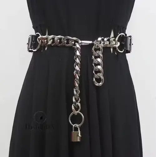 Other PU Leather Black Thick Metal Chain Long Wide Belt Size ONE SIZE - 1 Thumbnail
