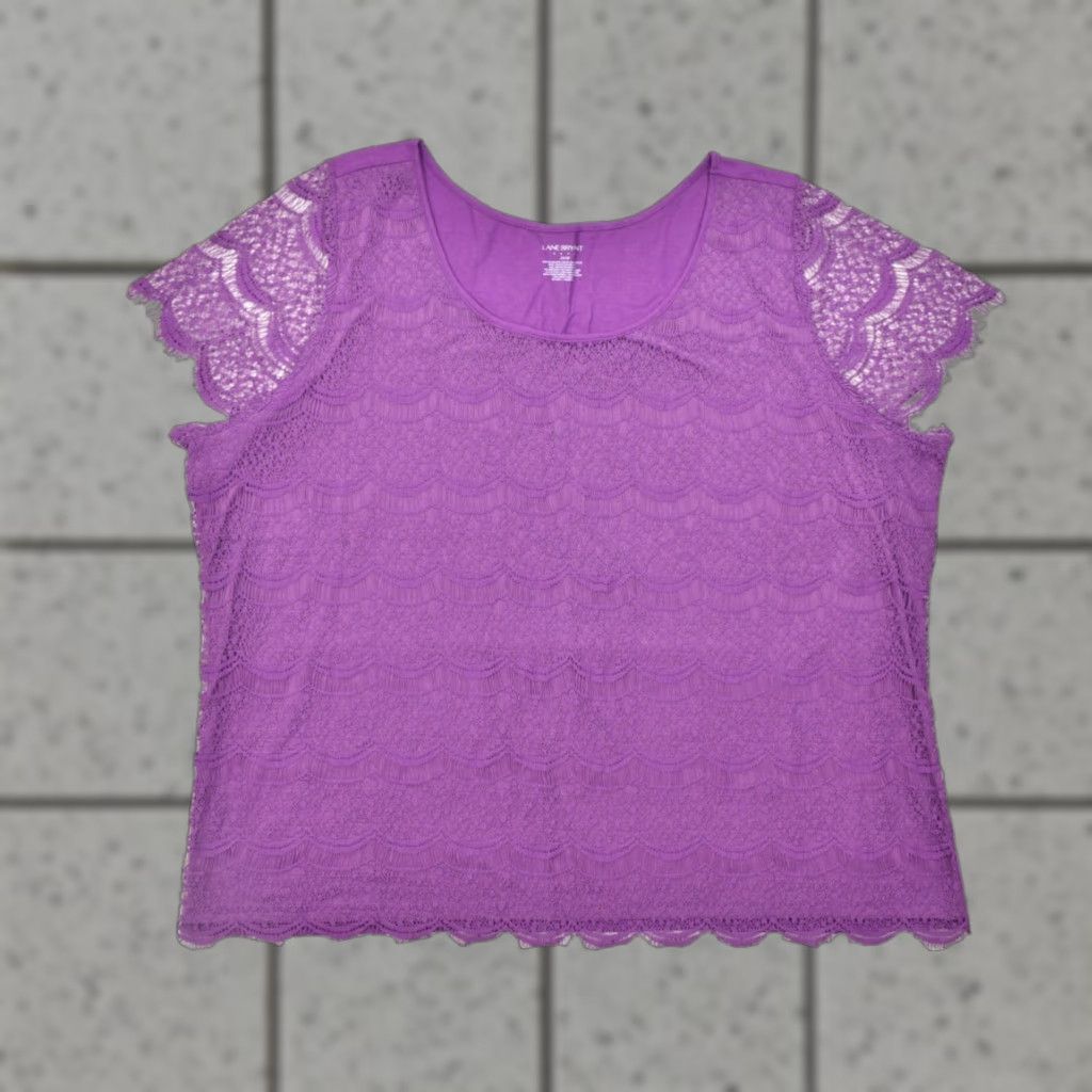 Vintage Lane Bryant Blouse Women 24 Plus Purple Lace Front Short Sleeve Knit Back Casual Top Size 4XL / US 24-26 - 1 Thumbnail