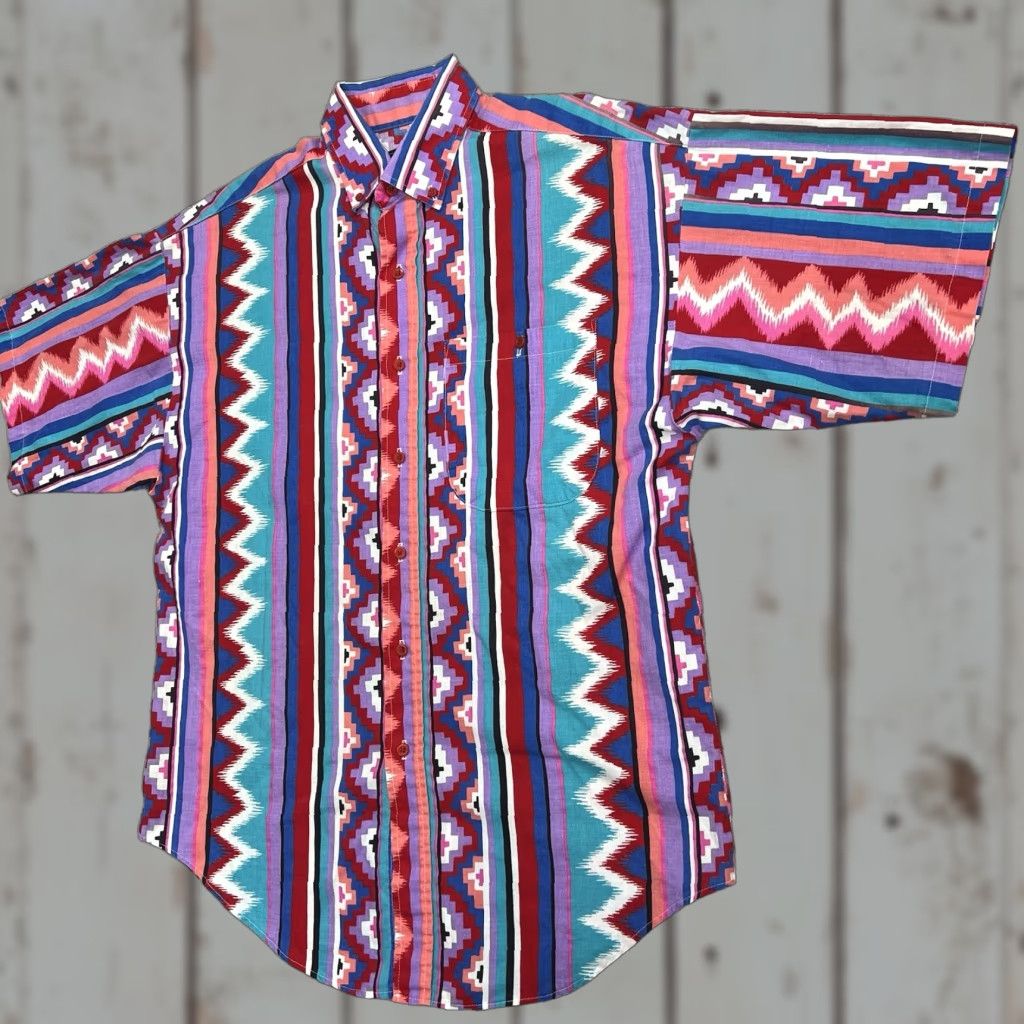 Vintage VINTAGE Panhandle Slim Shirt Men L Aztec Cowboy Western Rodeo Blue Pink Navajo Button-Up Short Sleeve Collared 16 USA Mens Size US L / EU 52-54 / 3 - 1 Thumbnail
