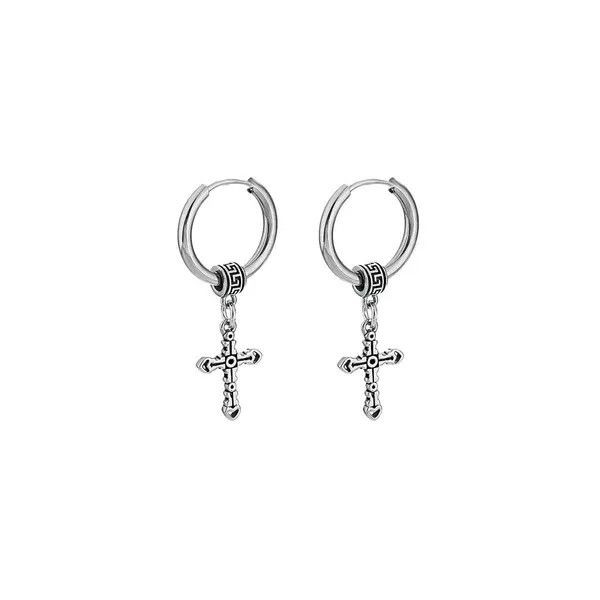 Jewelry Silver Cross Dangle Hoop Earrings, Men's Gothic Jewelry Size ONE SIZE - 5 Thumbnail