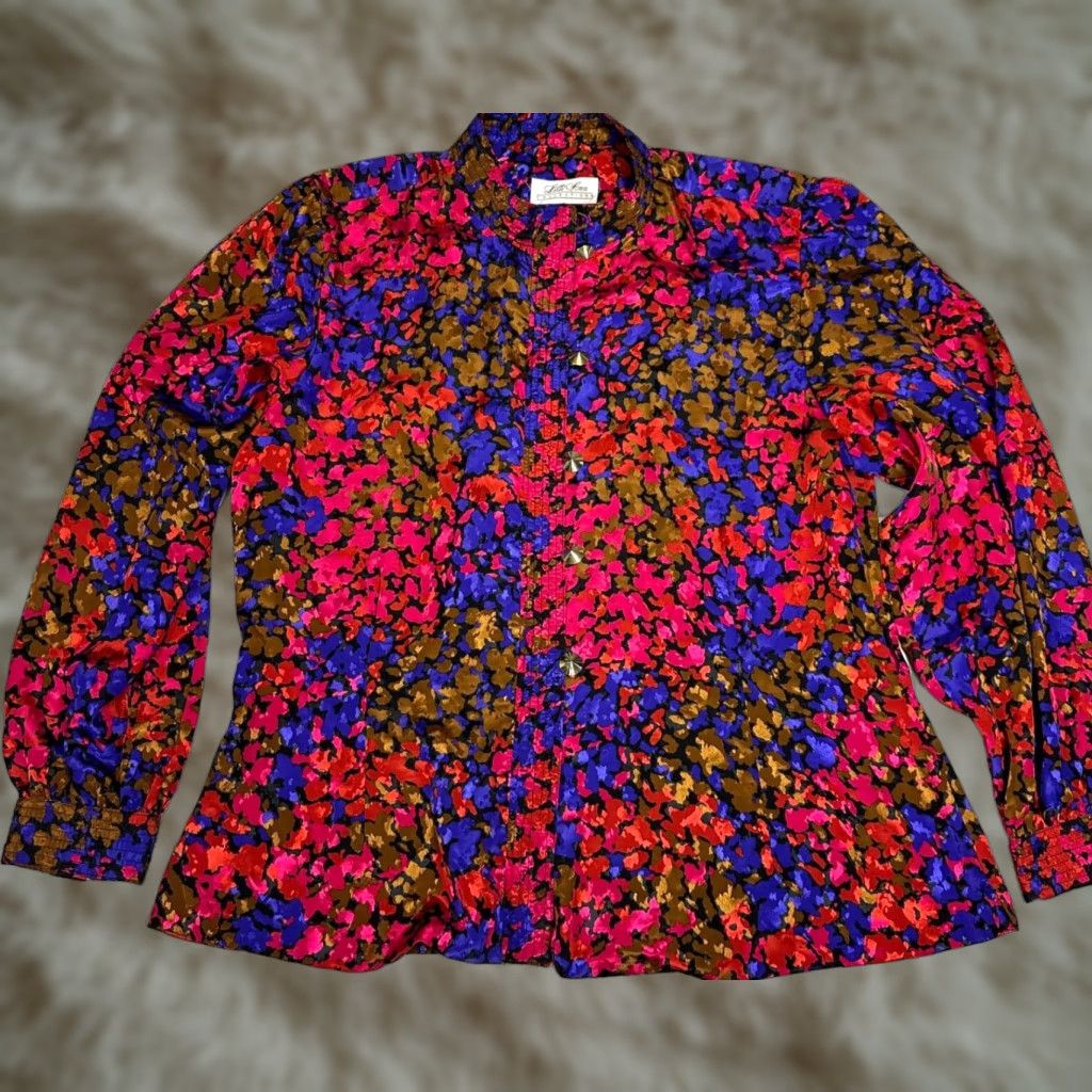 Vintage Vtg Lilli Ann Collection Womens Silk Blouse Long Sleeve Sz L Purple Pink Print Shirt Female Size L / US 10 / IT 46 - 1 Thumbnail