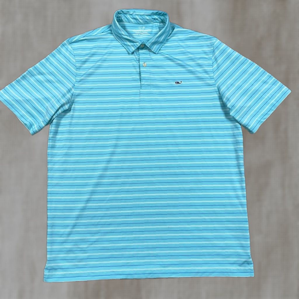 Vineyard Vines Vineyard Vines Polo Shirt Men L Teal Blue Striped Performance Wicking Golf Shirt Size US L / EU 52-54 / 3 - 1 Thumbnail