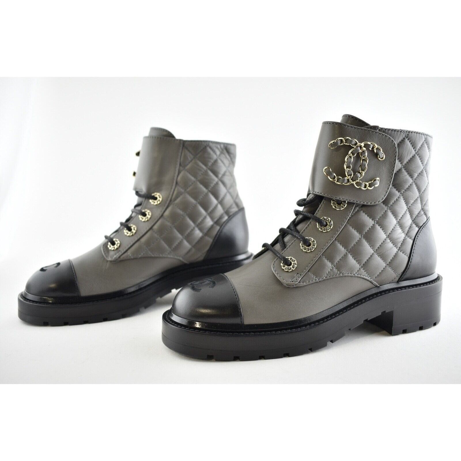 Chanel Chanel 21A Grey Black Quilted CC Chain Combat Lace Up Size US 5.5 / IT 35.5 - 9 Thumbnail