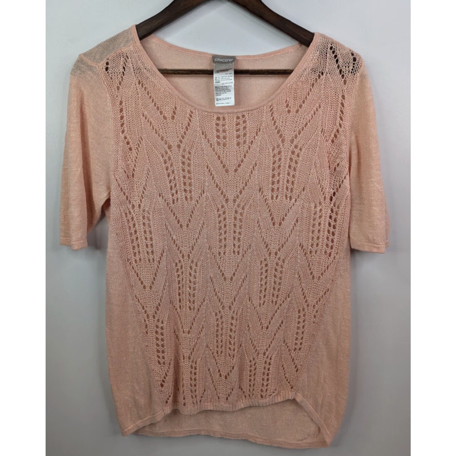 Vintage Chico's Pointelle-Stitch Blush Peach Short Sleeve Light Sweater Size M Pink Women Pullover Size M / US 6-8 / IT 42-44 - 2 Thumbnail