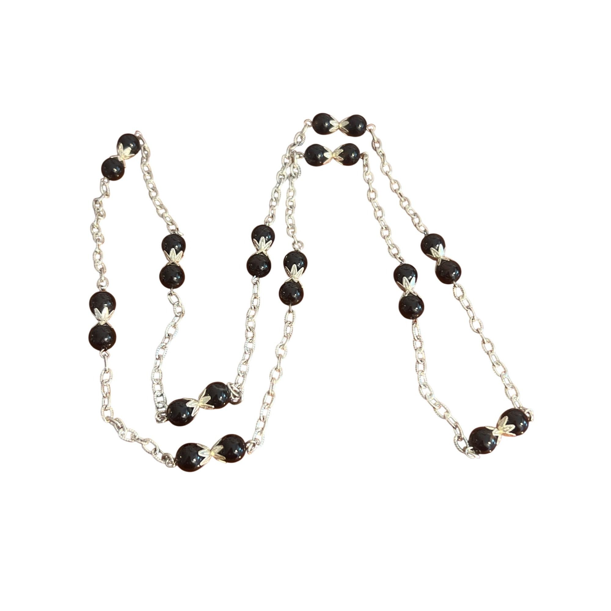 Other Vintage Silver Tone Chain Necklace Black Glass Beads Leaf No Size ONE SIZE - 1 Thumbnail