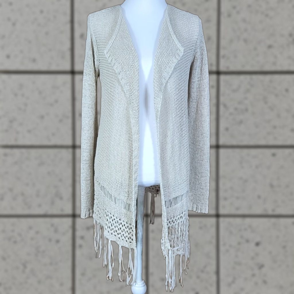 Vintage One Love Womens Top Long Sleeve Fringe Knit Open Cardigan Sweater Beige M Size M / US 6-8 / IT 42-44 - 1 Thumbnail