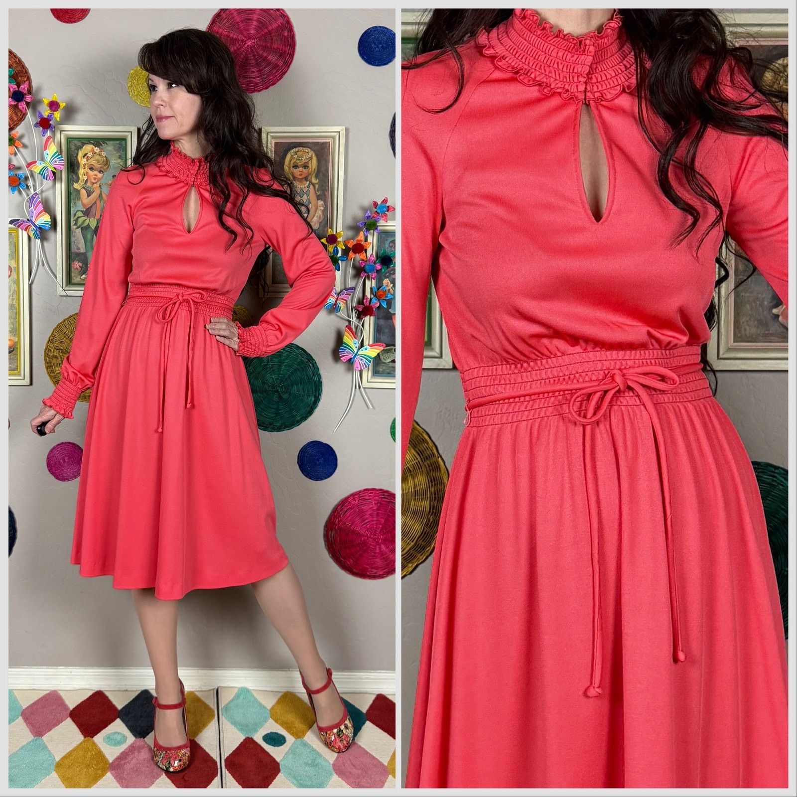Vintage 1960s Pink Salmon Long Sleeve Mock Neck Keyhole Midi Dress Size M / US 6-8 / IT 42-44 - 1 Thumbnail