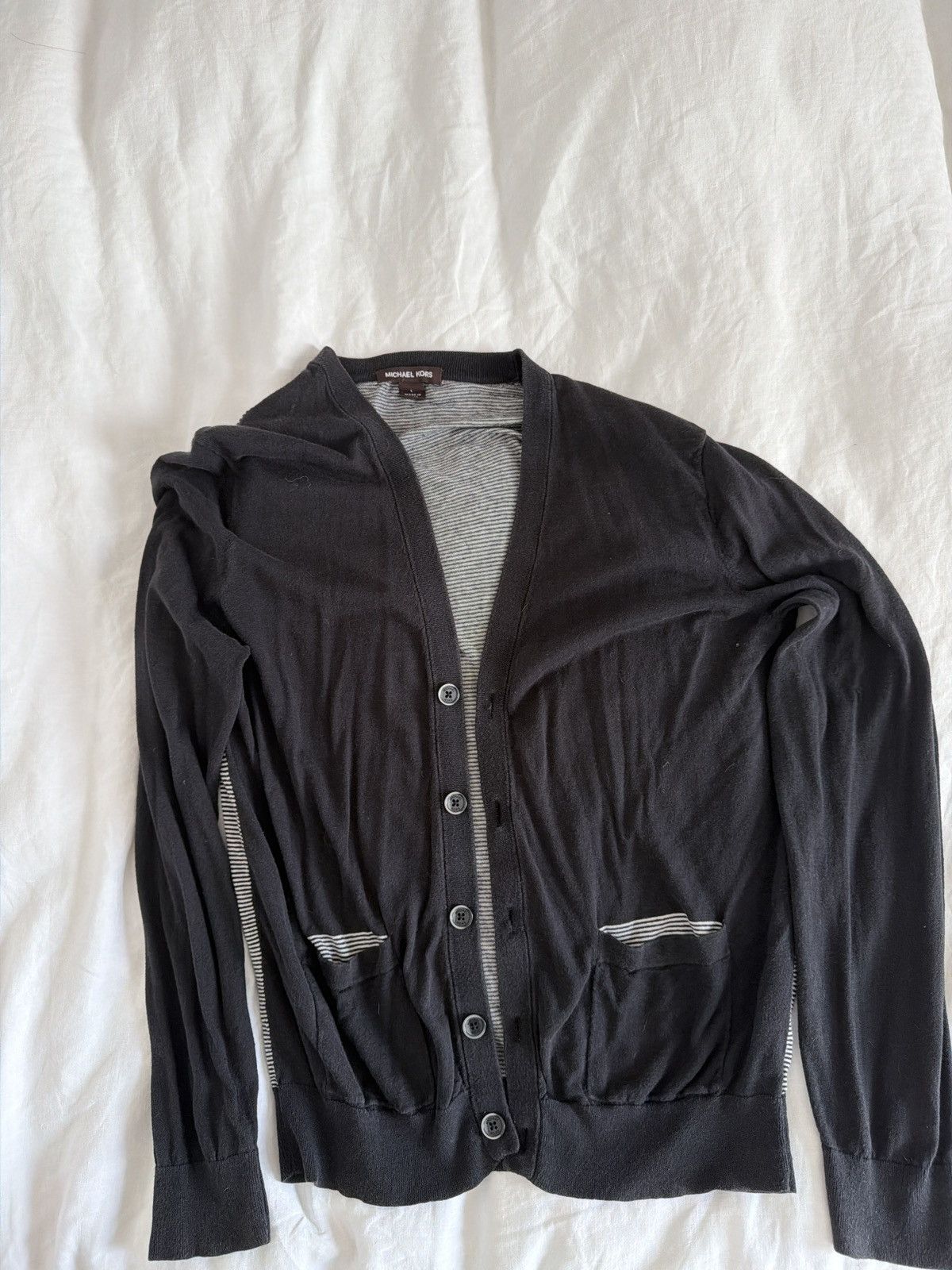 Michael Kors Michael Kors Black Cardigan w/ Black & White Stripe Detail Size US L / EU 52-54 / 3 - 2 Thumbnail