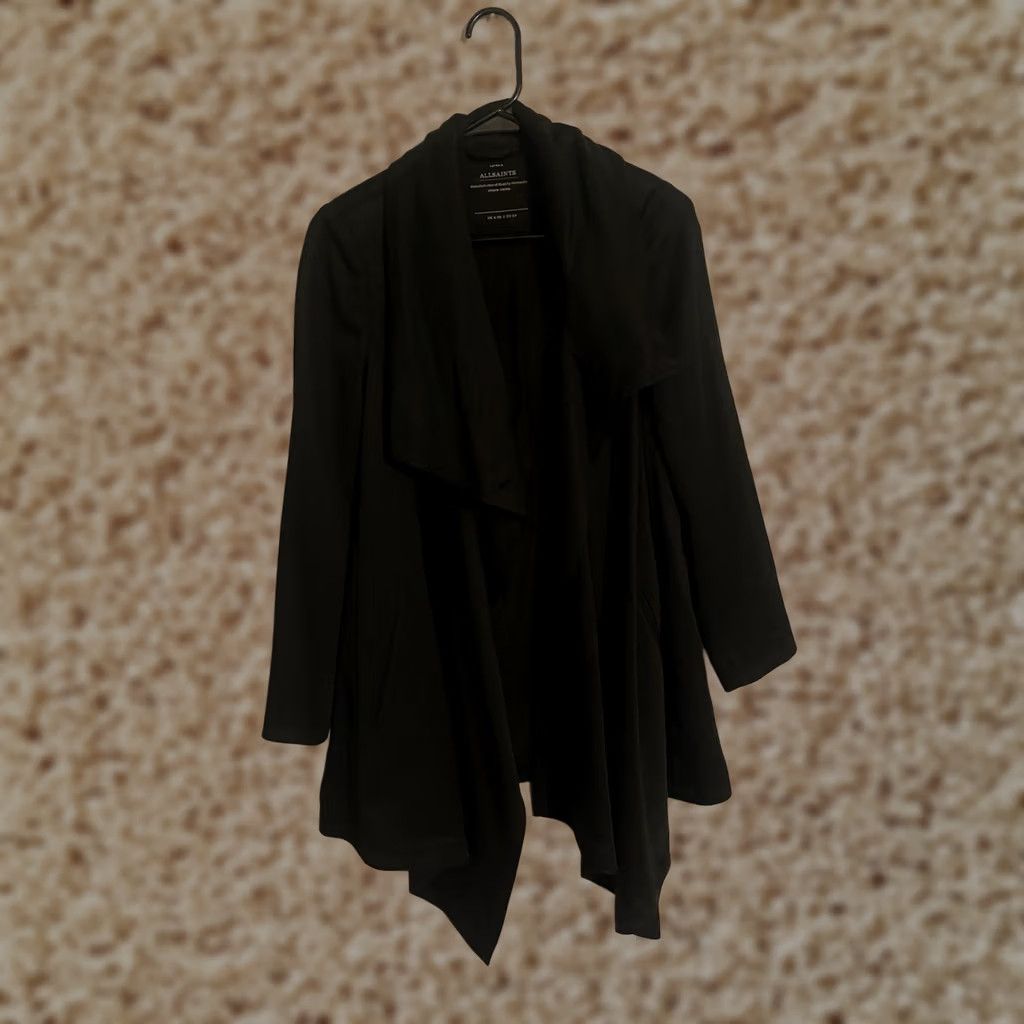 Allsaints All Saints Aiko Monument Coat Womens 2 Grey Black Drape Asymmetric Lyocell Overcoat Jacket Mid-Length Winter Fall Spring Casual Regular Style Size XS / US 0-2 / IT 36-38 - 1 Thumbnail