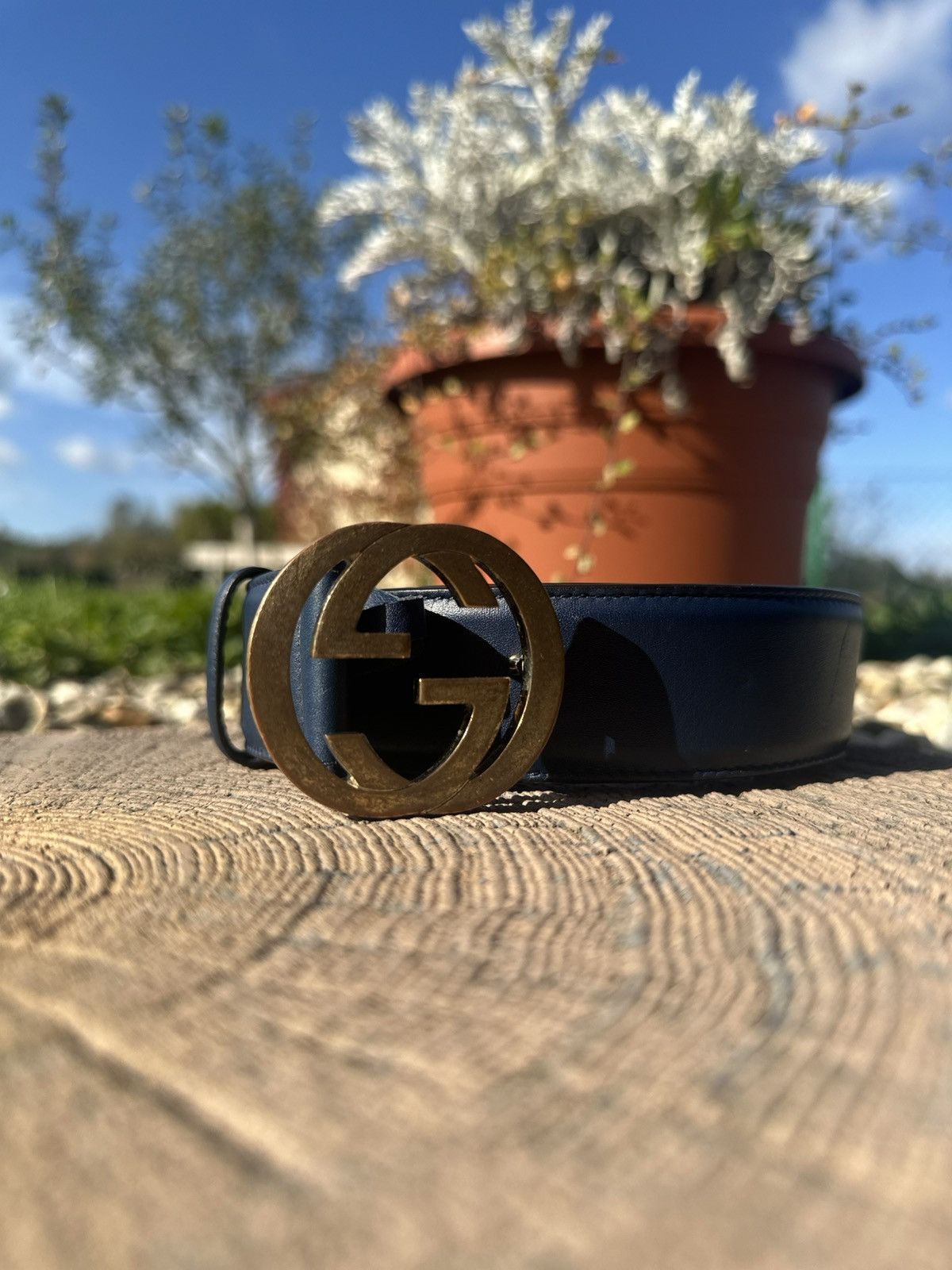 Interlocking buckle leather belt Gucci Navy size 85 cm