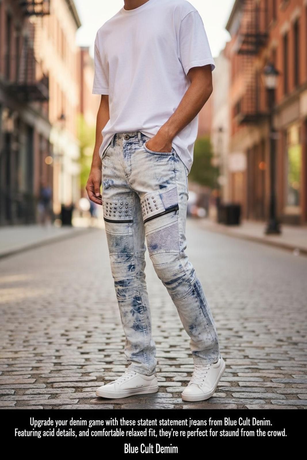 Other Men's Statement Acid Wash Jeans with Stud and Zipper Details Size US 32 / EU 48 - 1 Thumbnail