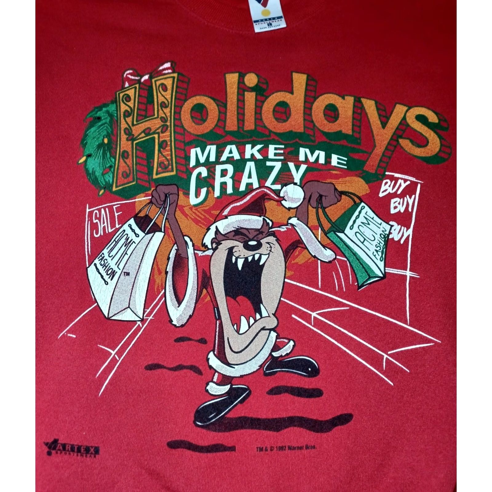 Vintage VINTAGE Artex Looney Tunes Sweatshirt Christmas Holidays Make Me Crazy Tazmanian Devil Red Large 90s Mens Womens Size US L / EU 52-54 / 3 - 2 Thumbnail