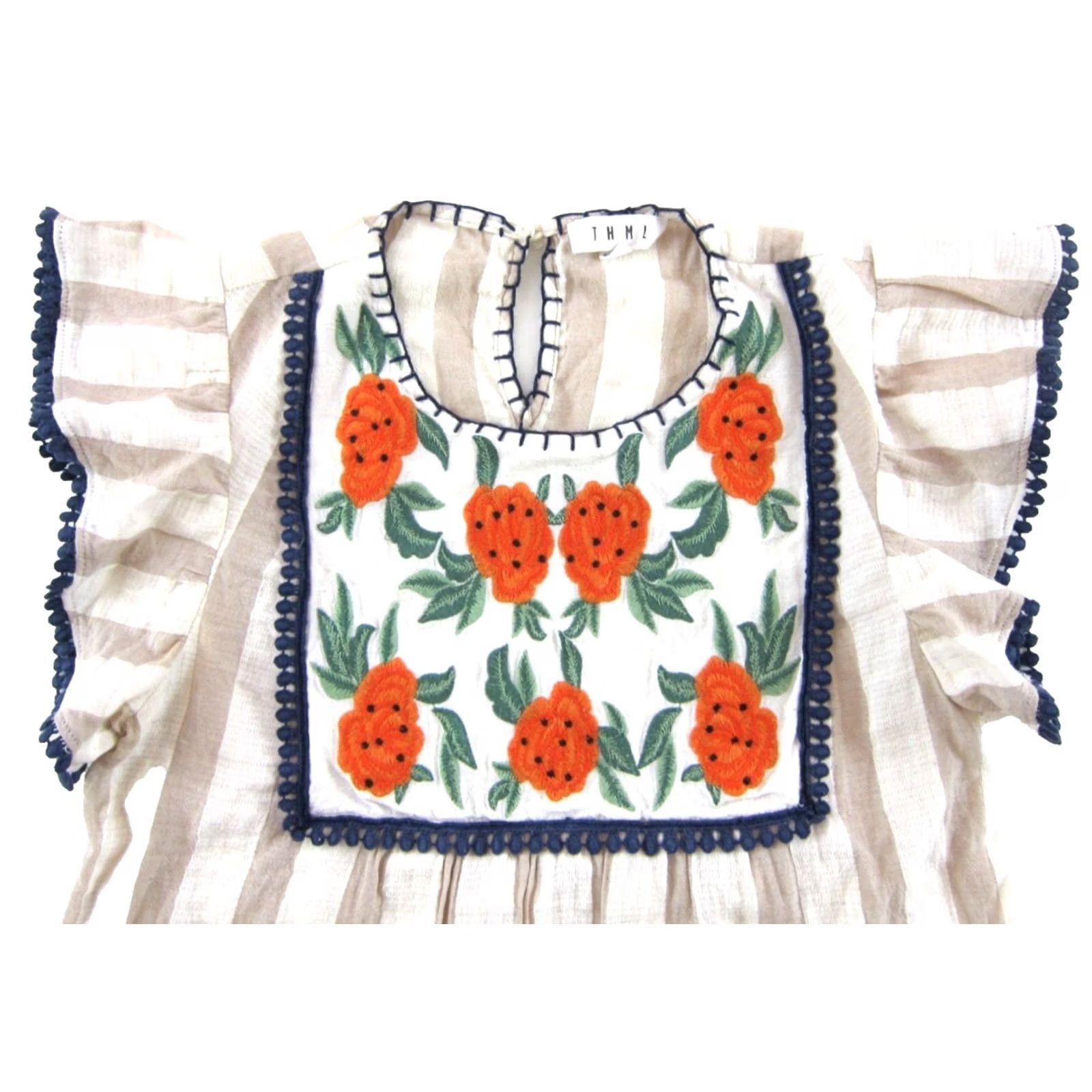 Anthropologie THML Anthropologie Blouse Floral Stripe Cap Sleeve Small Blue Orange White Brown Floral Stripe Cap Sleeve Blouse Small Size S / US 4 / IT 40 - 4 Thumbnail