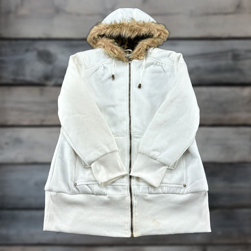 Pinko VINTAGE Pink Soup Jacket Women 1X White Brown Hooded Faux Fur Lined Full Zip 90s Parka Womens Size XL / US 12-14 / IT 48-50 - 1 Thumbnail