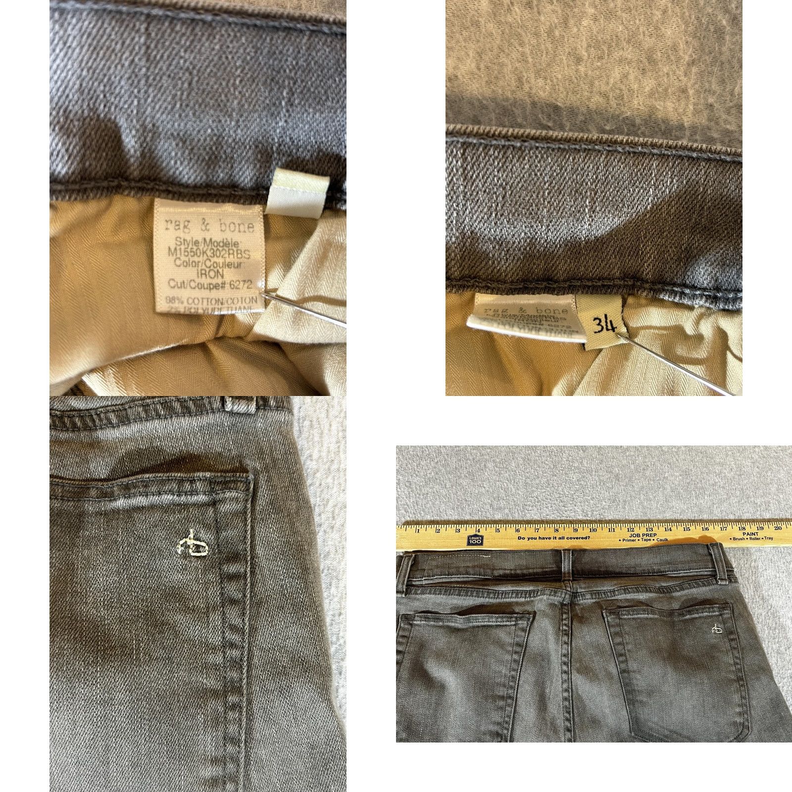 Rag & Bone rag & bone Jeans Mens 34x34 Slim Skinny Charcoal Gray Denim Stretch Button Fly Jeans Size US 34 / EU 50 - 8 Thumbnail