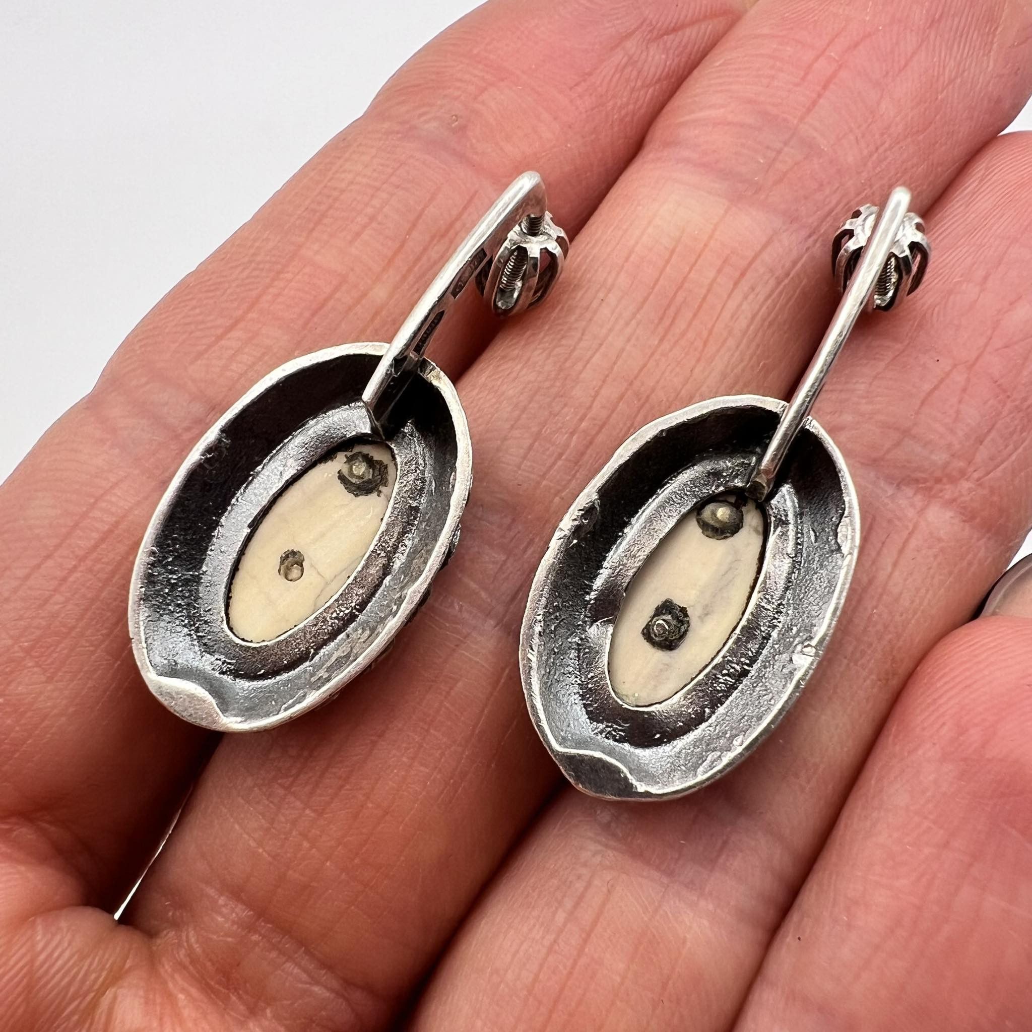 Jewelry Vintage USSR Silver 875 stud Earrings Cameo Flower Signed Size ONE SIZE - 2 Thumbnail