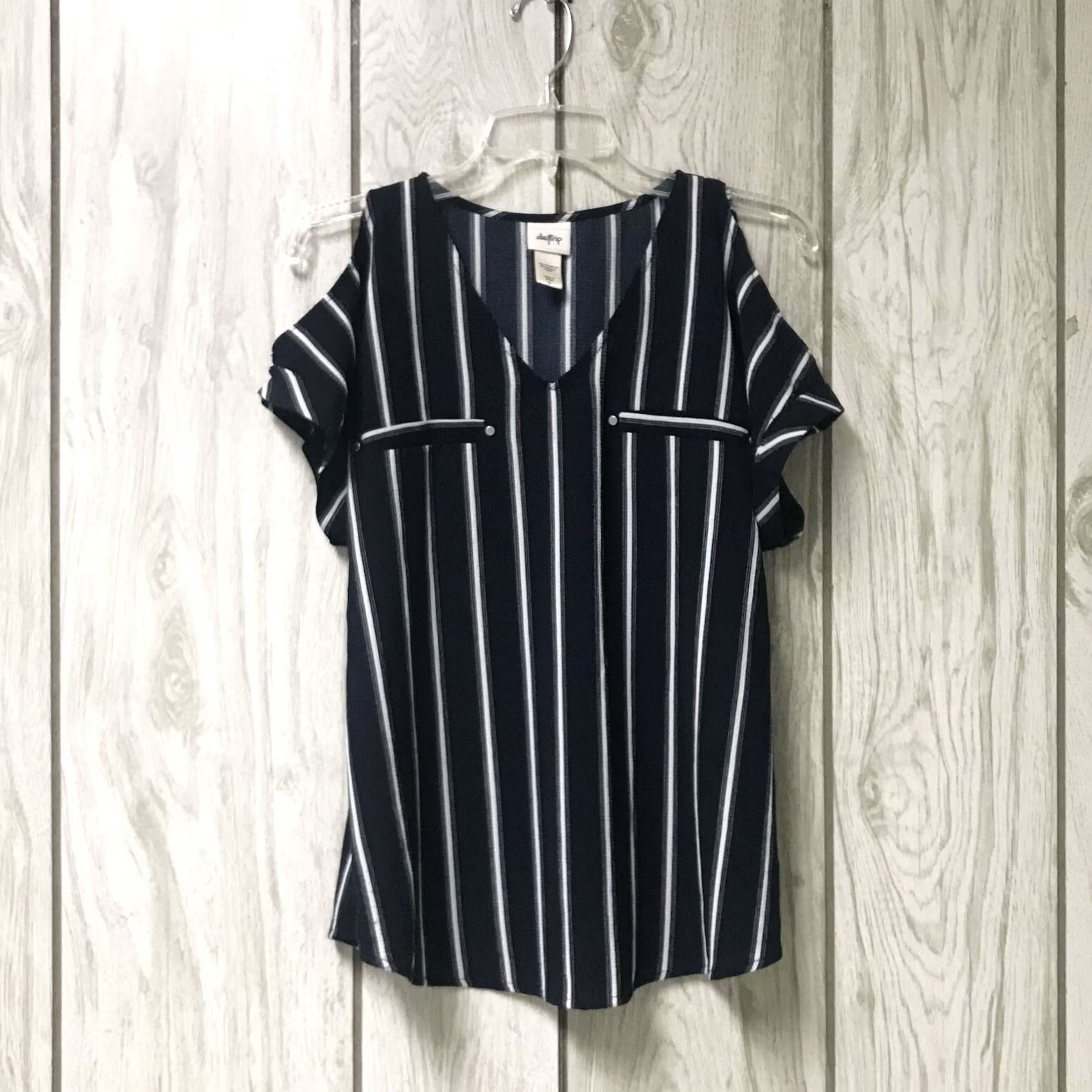 Vintage Buckle Daytrip Navy/White Striped V-Neck Cold Shoulder Short Sleeve Top Blouse M Size M / US 6-8 / IT 42-44 - 5 Thumbnail