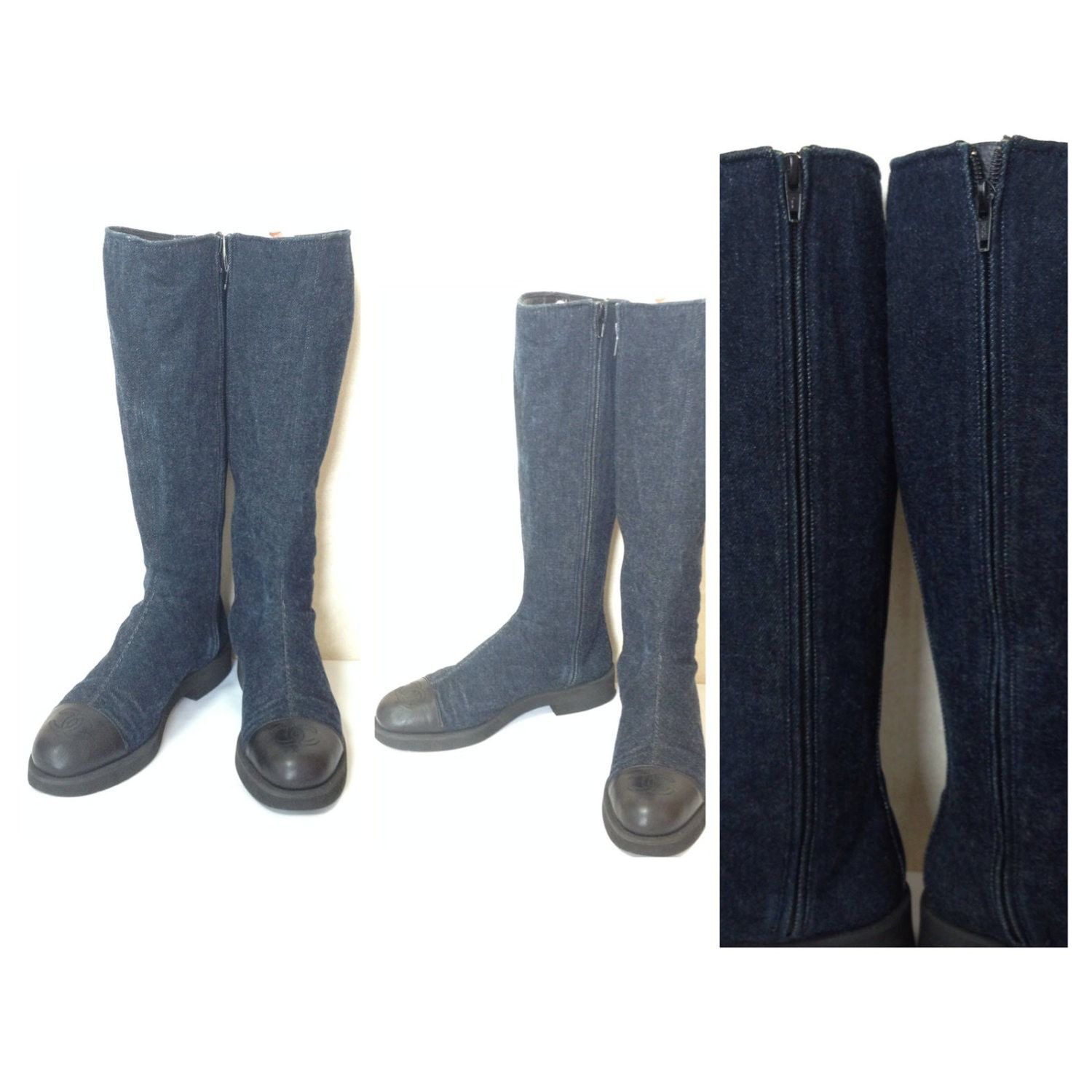 Chanel MINT. Vintage CHANEL mid high boots, black and denim combo Size US 7 / IT 37 - 5 Thumbnail