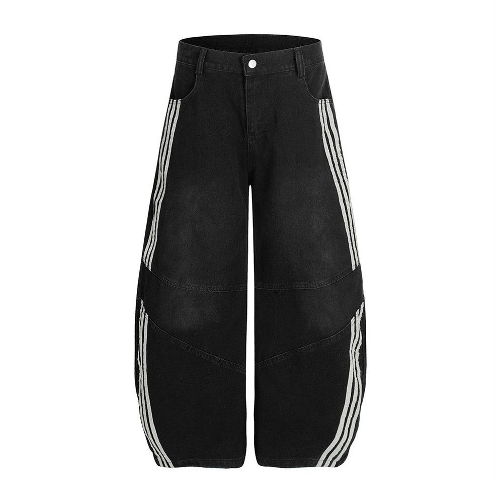 Men's trendy striped punk distressed washed scimitar jeans