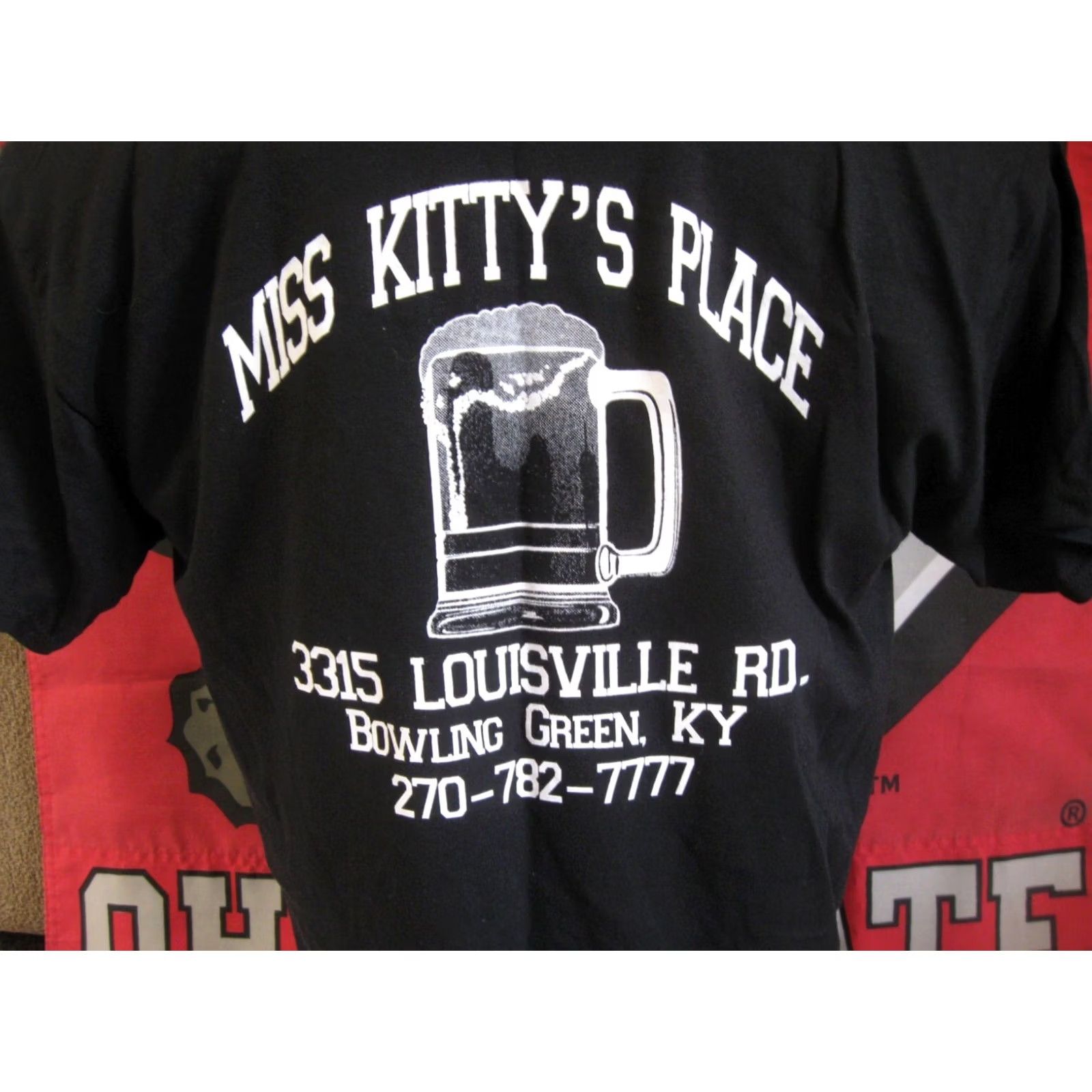 Gildan Miss Kitty's Place Bowling Green Kentucky BG Bar Gildan T-Shirt Mens Large Black Cotton/Polyester Graphic Print Size US L / EU 52-54 / 3 - 4 Thumbnail
