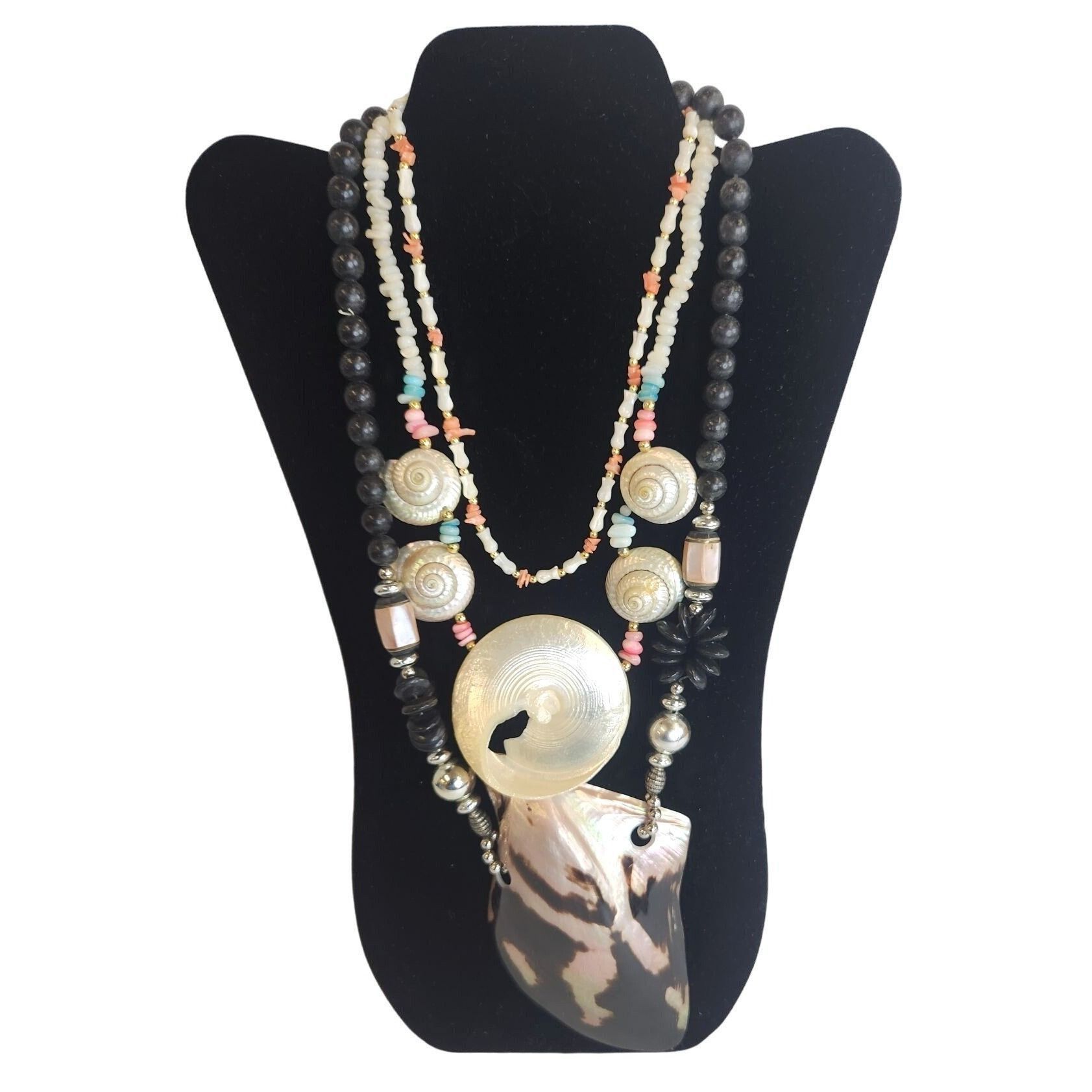 Seashell Beach Tropical Necklace set of 3 With Black, Whit