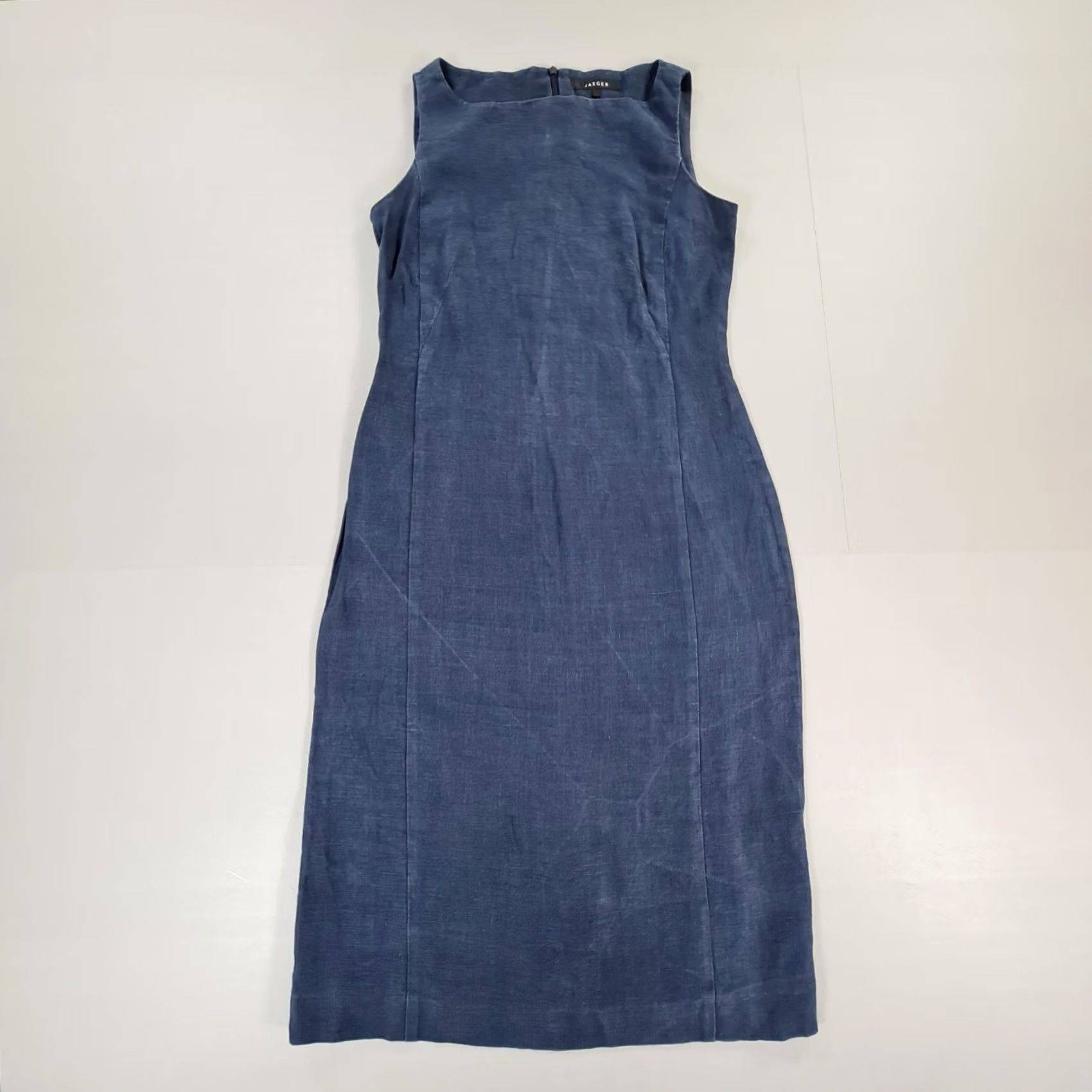 Jaeger Jaeger Navy Blue Knee Length Linen Dress 100% Linen Zip Sleeveless Square Neck Womens dress Summer Casual 10 UK Size L / US 10 / IT 46 - 2 Thumbnail