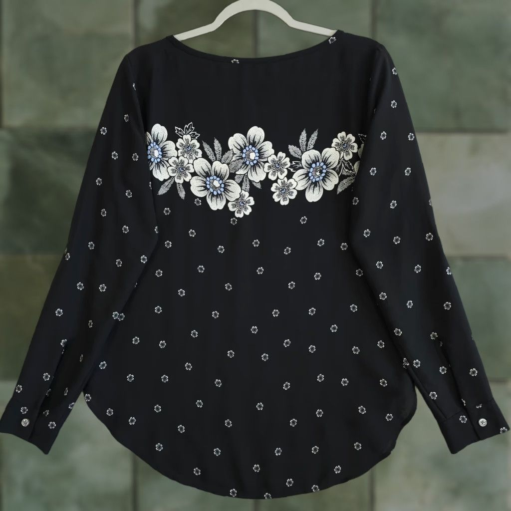 Loft LOFT Ann Taylor Blouse Shirt Floral Boatneck Long Sleeve S Black Blue Hi Lo Womens Size S / US 4 / IT 40 - 1 Thumbnail