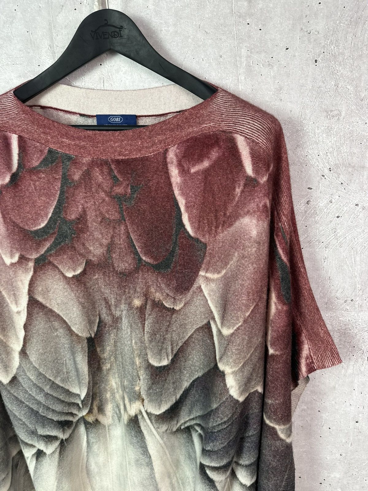 Vintage Gobi Feather Print Mongolian Cashmere Knit Oversized Poncho Size L / US 10 / IT 46 - 2 Thumbnail
