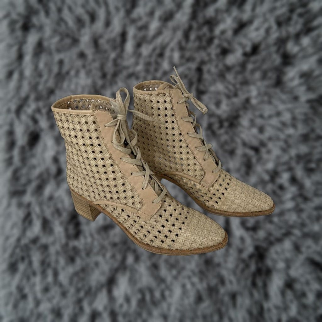 Freda Salvador Ace Boots Tan Leather Block Heel Shoes Lace Up Ankle Size 6.5 New Boho in Beige, Women's
