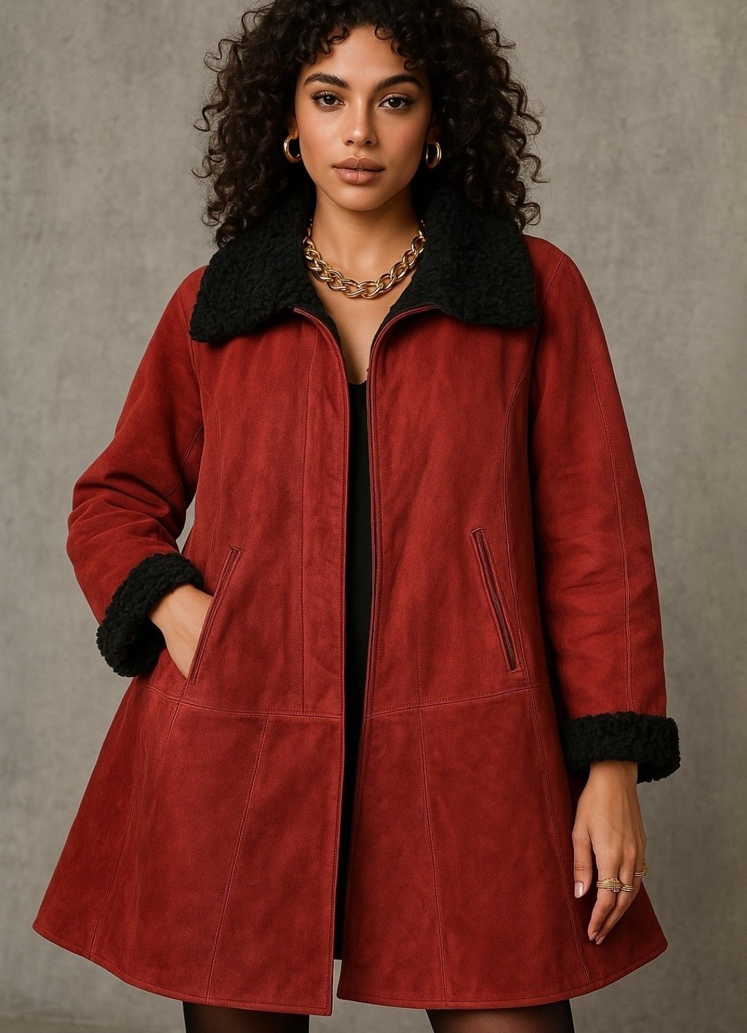 Other Vintage Suede Coat with Black Fur Trim Winter Jacket Size L / US 10 / IT 46 - 1 Thumbnail