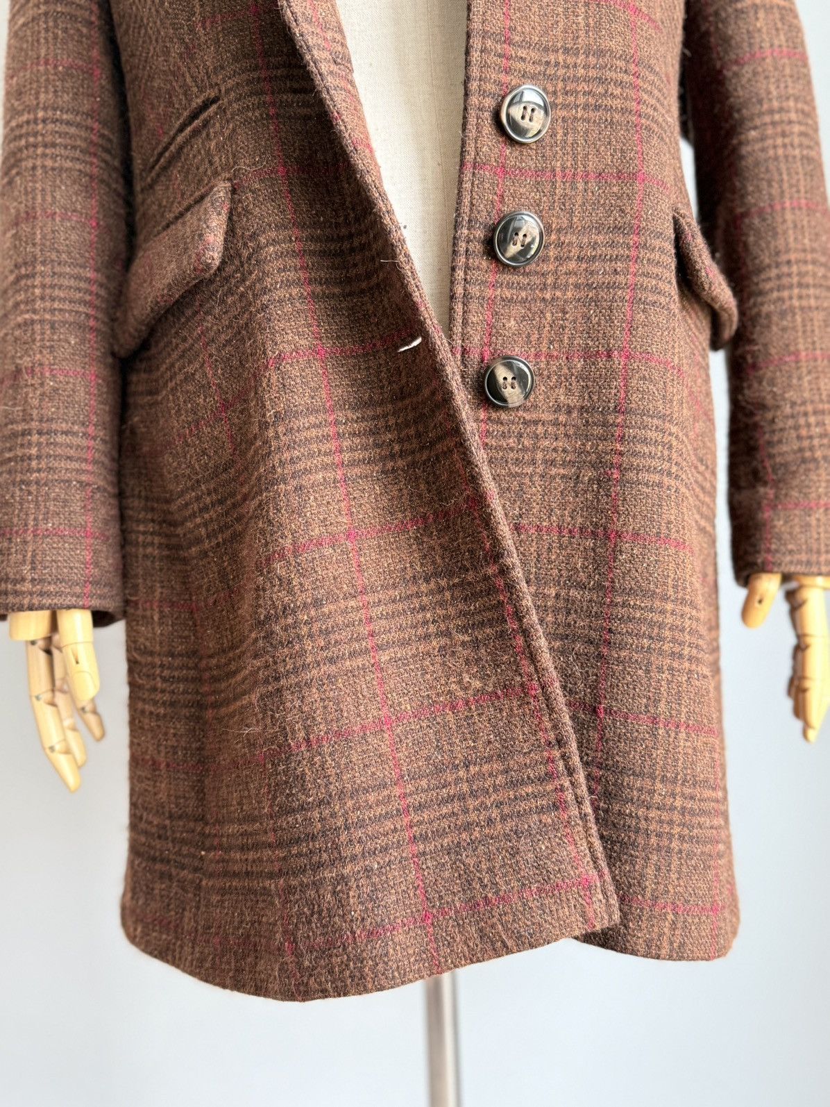 Sezane Sézane Brown Tweed Red Windowpane Wool Coat Tailored Size S / US 4 / IT 40 - 14 Thumbnail
