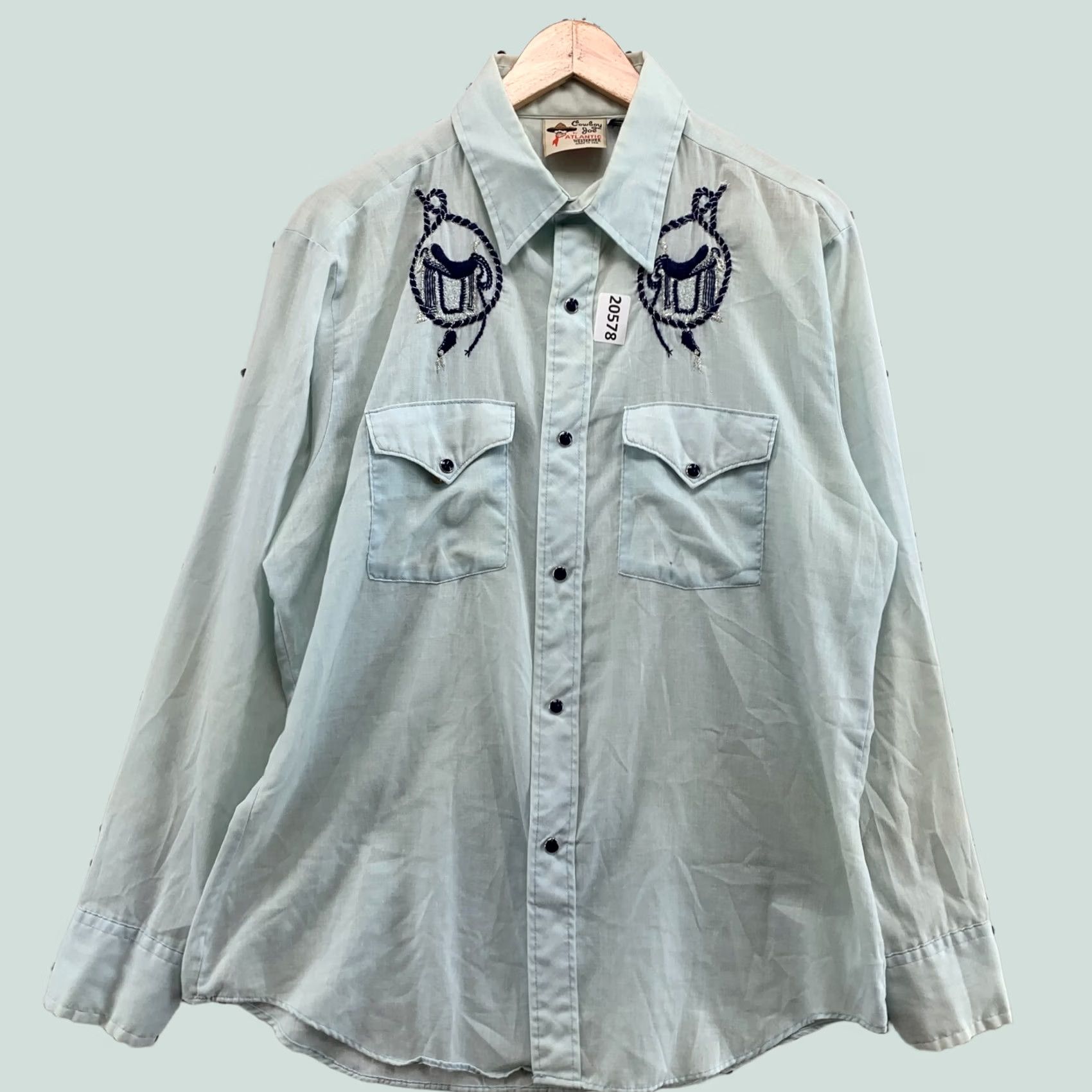 Vintage VINTAGE Cowboy Joe By Atlantic Mens Shirt Long Sleeve Pearl Snap Blue Large 23x30 Long Sleeve Pearl Snap Cowboy Western Mens Regular Shirt Blue 23x30 Size US L / EU 52-54 / 3 - 1 Thumbnail