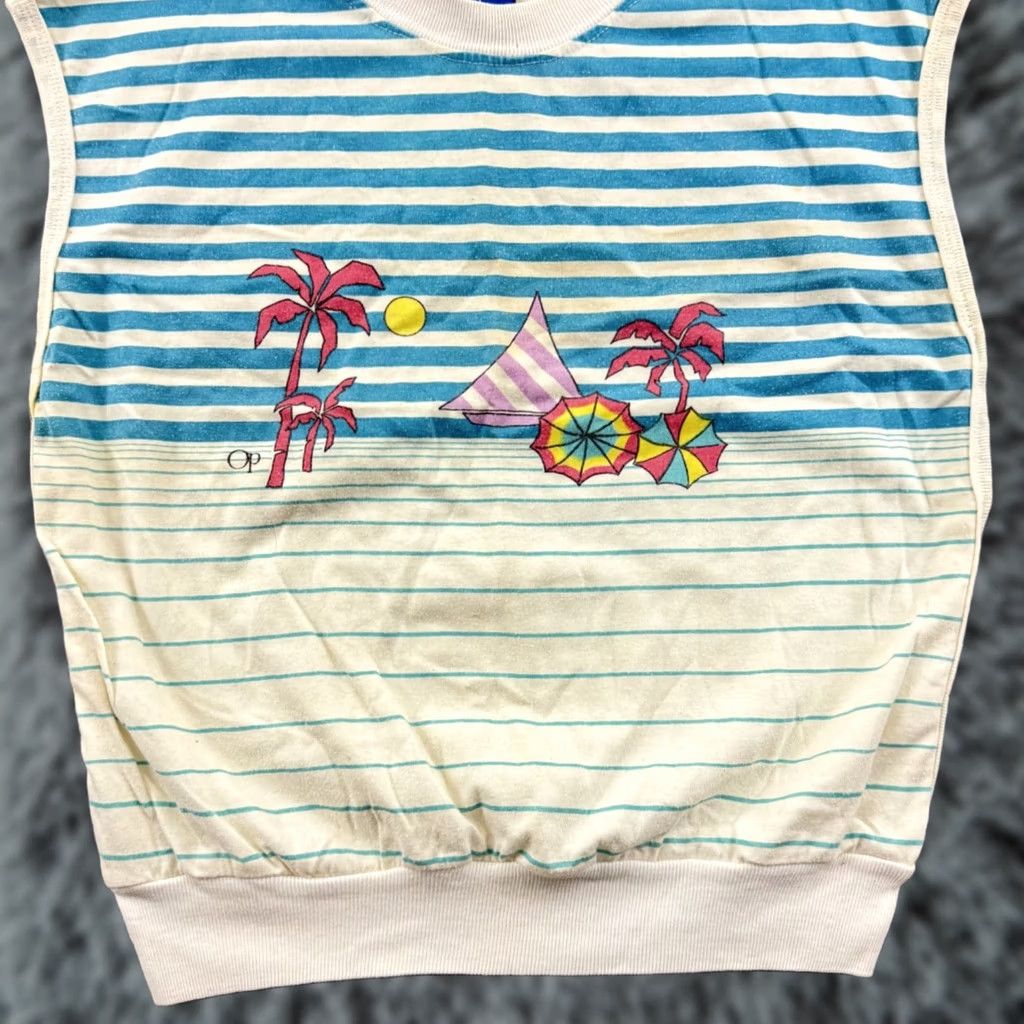 Ocean Pacific VINTAGE Ocean Pacific Shirt Womens M Striped Sleeveless Top 80s Beach Surf White Cotton Polyester Ocean Pacific Ballistic Size M / US 6-8 / IT 42-44 - 1 Thumbnail