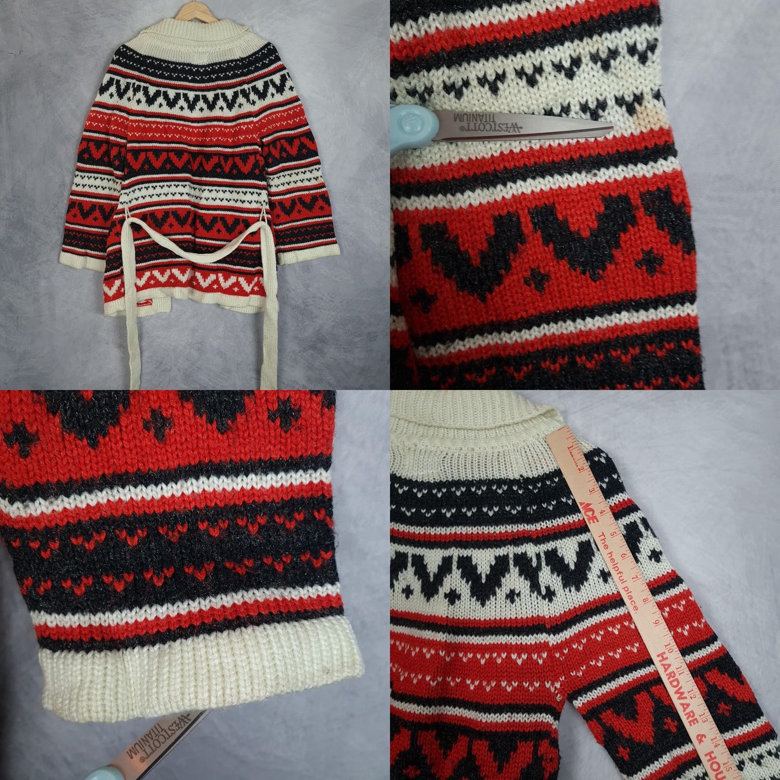 Vintage VINTAGE Cardigan Sweater Womens Large Belted Nordic Heart Collared 80s Fair Isle Knit Red Cream Size L / US 10 / IT 46 - 10 Thumbnail