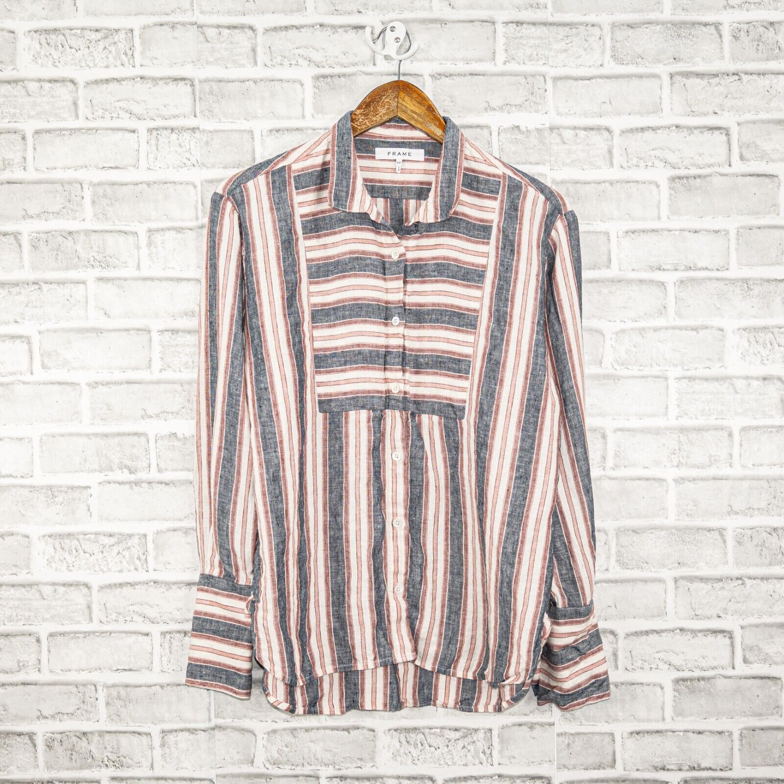 Frame FRAME Natural White Multi Stripe Linen Bib Shirt Blouse Size S / US 4 / IT 40 - 1 Thumbnail