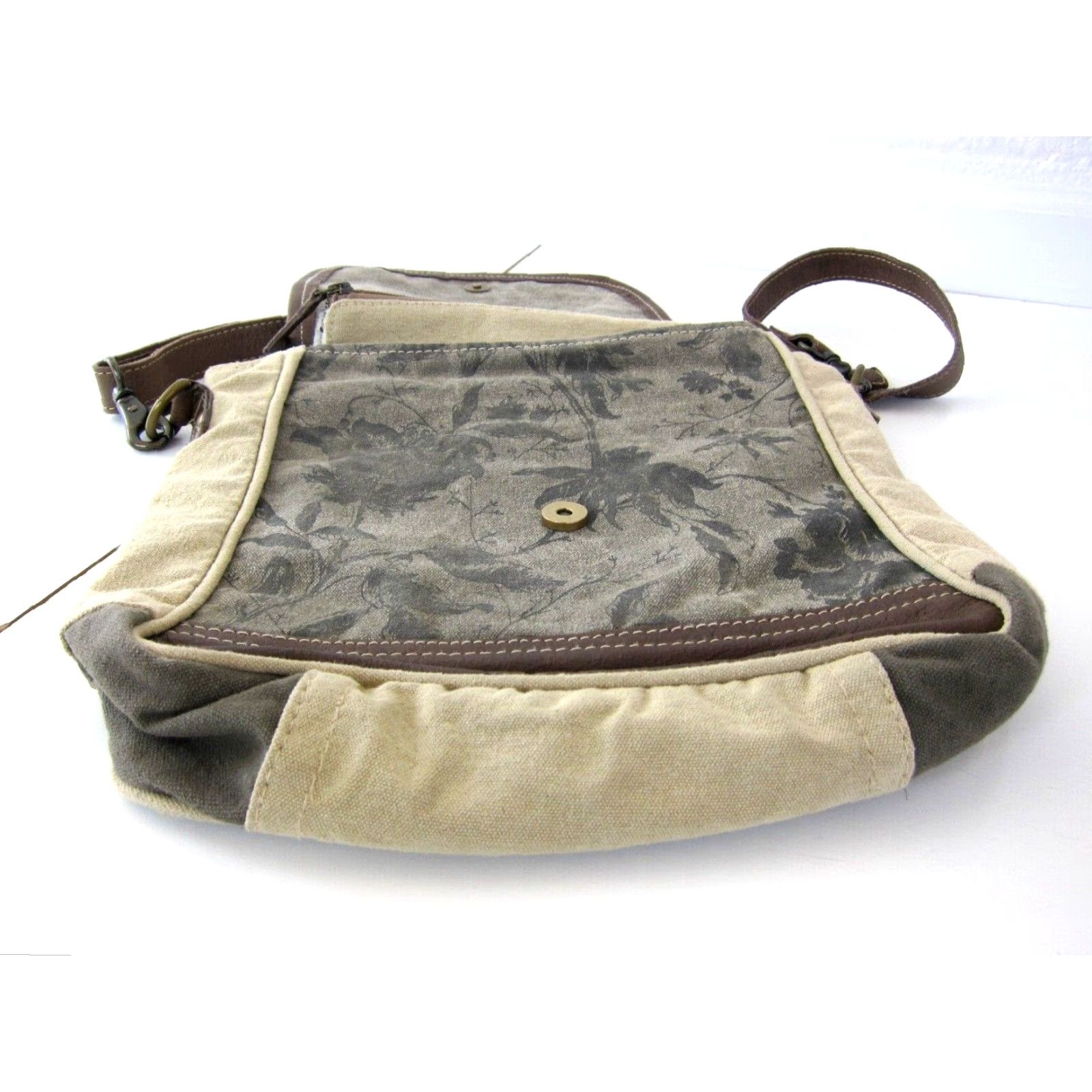 Vintage Myra Crossbody Satchel Purse Brown Beige Floral Canvas Leather 100% Cotton Leather Satchel Purse Size ONE SIZE - 6 Thumbnail