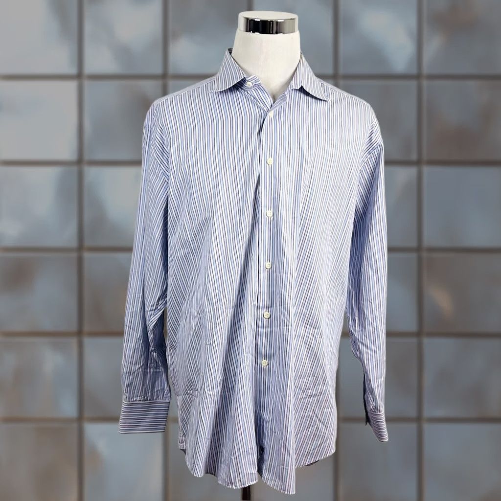 David Donahue David Donahue Dress Shirt 18 34/35 Regular Fit Red White Blue Striped Cotton Size 48R - 1 Thumbnail