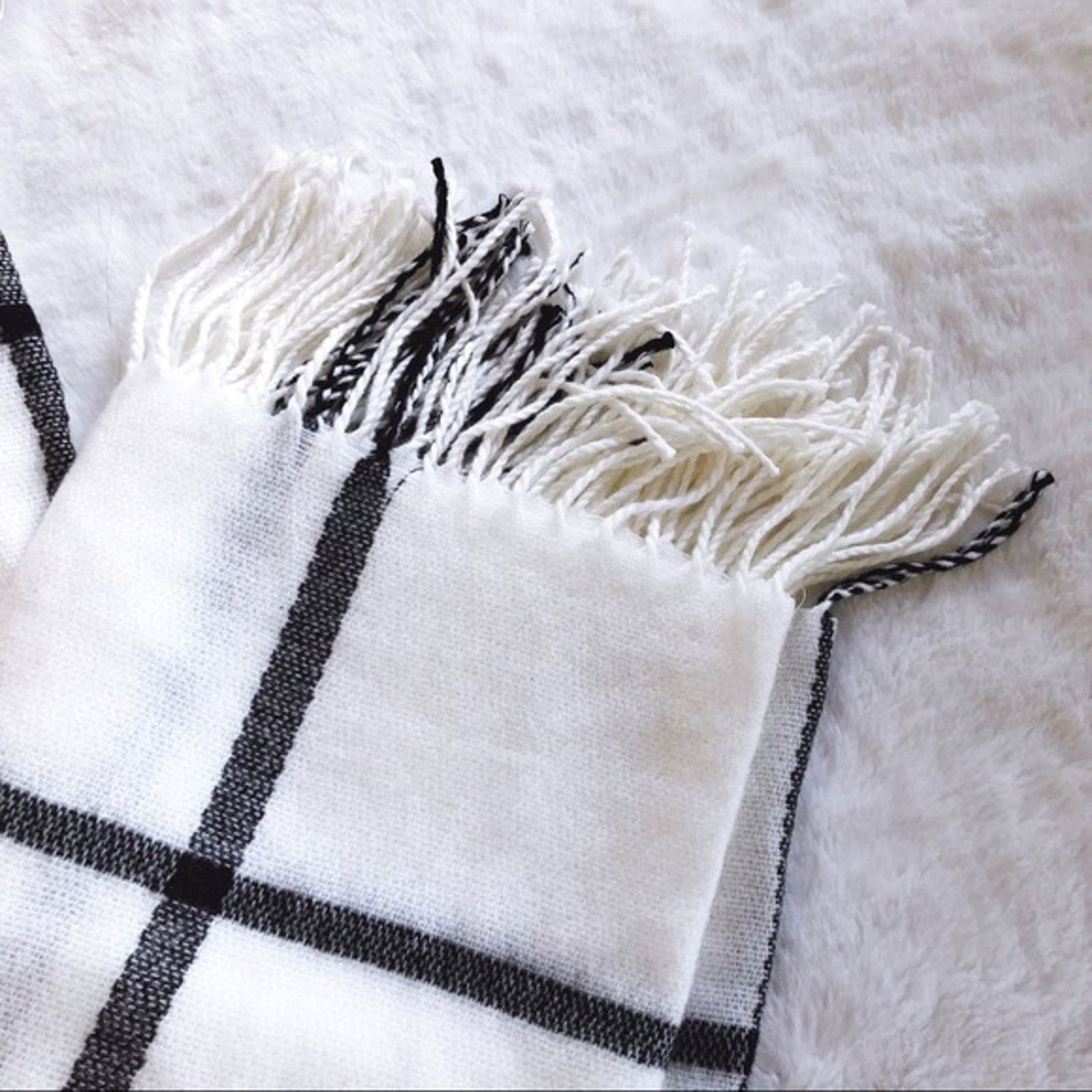 Loft LOFT White Plaid Fringe Wrap Scarf Size ONE SIZE - 5 Thumbnail