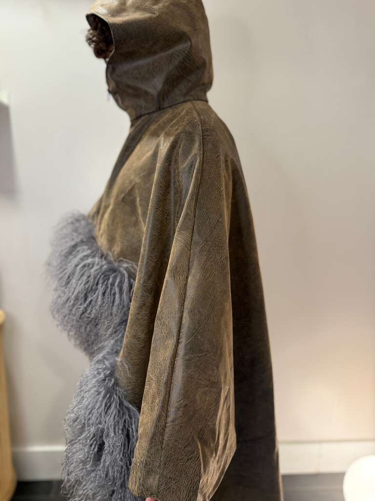 Real leather hooded poncho with real mongolian fur